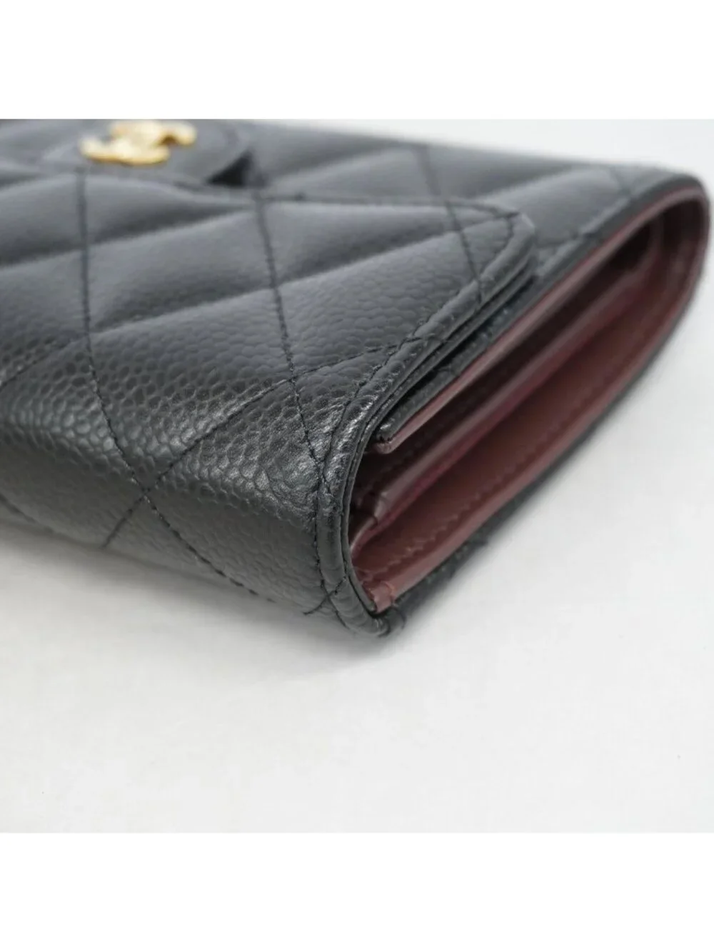 Chanel Trifold Wallet Quilted Caviar Leather Black Gold